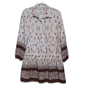 Unknown Brand Women's Cream Floral Brown Peach‎ Green Half Button Dress Size S